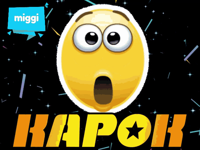 a surprised smiley face is on a black background with the words kapok below it