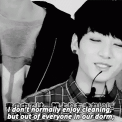a black and white photo of a boy with the words i don t normally enjoy cleaning out of everyone in our dorm