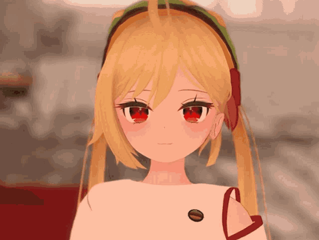 a girl with red eyes has a hamburger sticker on her chest