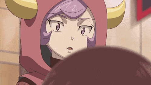 a cartoon character with horns and purple hair is looking at something