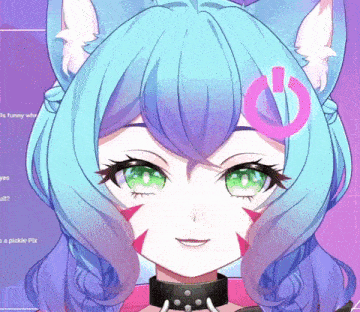 a girl with blue hair and green eyes has a pink power button on her forehead