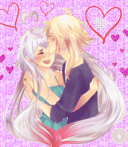 a drawing of a man kissing a woman on the cheek with hearts around them