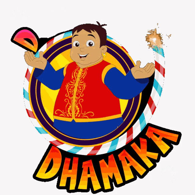 a cartoon drawing of a boy holding a firework with the word dhamaka below him