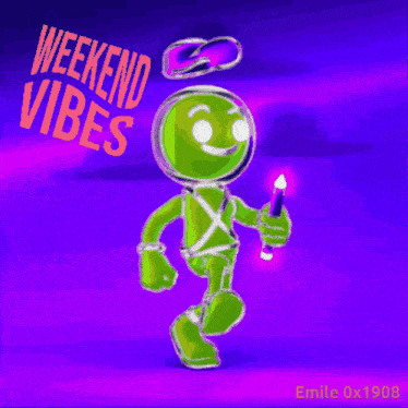 a cartoon character with the words weekend vibes written on the bottom