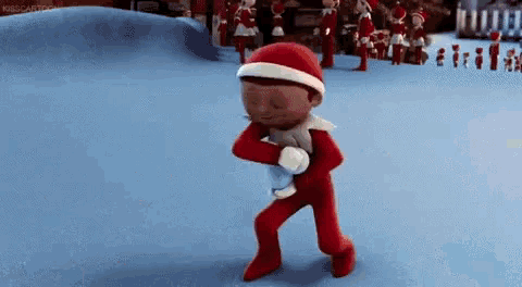 a cartoon elf is dancing in the snow while holding a stuffed animal .