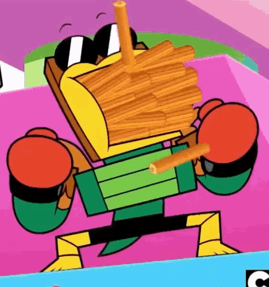 a cartoon character is holding a stack of french fries .