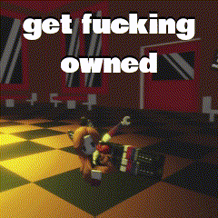 a cartoon character laying on a checkered floor with the words get fucking owned