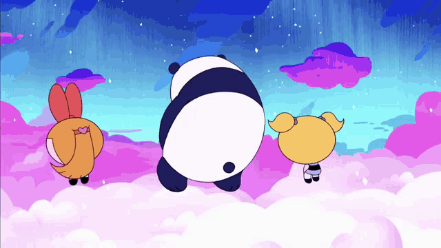 three cartoon characters are standing in the clouds including a panda