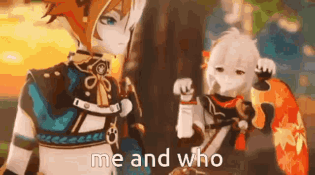 a couple of anime characters standing next to each other and talking to each other .