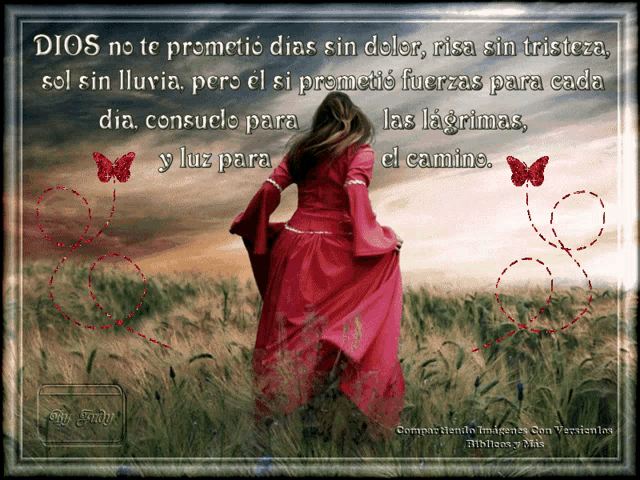 a woman in a red dress is walking through a field with a quote in spanish