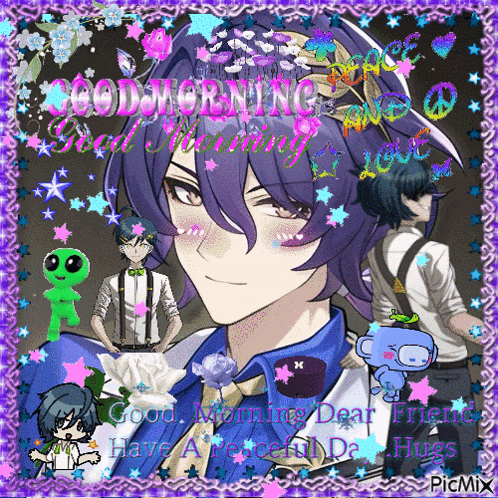 a picture of a boy with purple hair says good morning dear friend