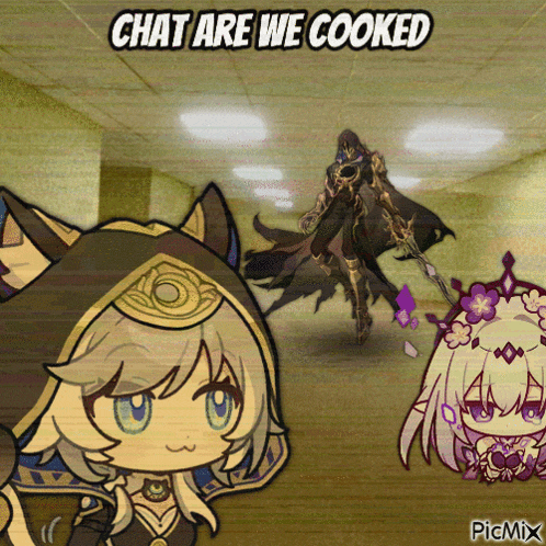 a cartoon of a man and two girls with the words chat are we cooked above them