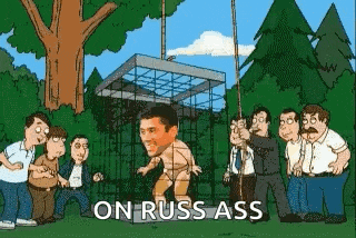 a cartoon of a man hanging from a rope with the words on russ ass below him