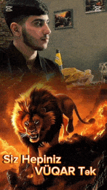 a poster with a lion and the words siz hepiniz vuqar tak on it