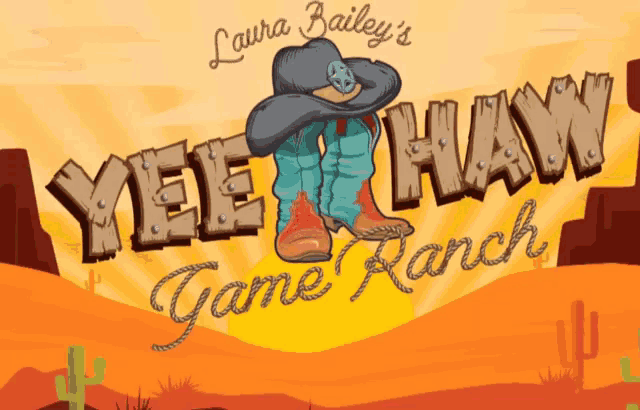 a logo for yee haw game ranch shows a cowboy in the desert