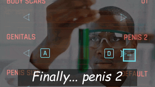 a man wearing goggles holds a test tube in front of a screen that says penis 2 default
