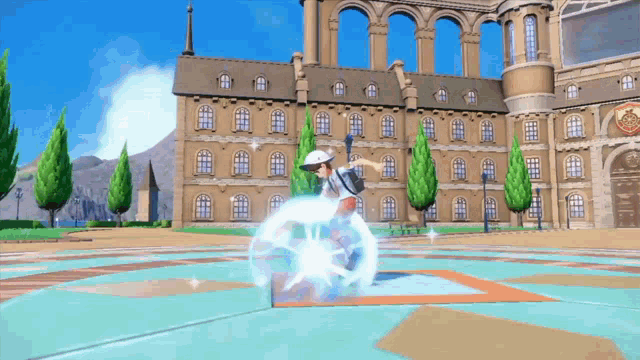 a man in a white hat is standing in front of a large building in a video game