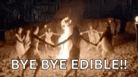 a group of people are dancing around a fire with the words `` bye bye edible '' written on the bottom .