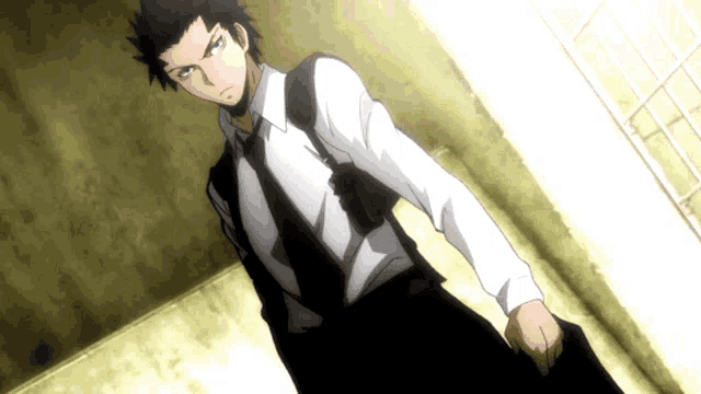 a man in a white shirt and black tie is holding a black briefcase