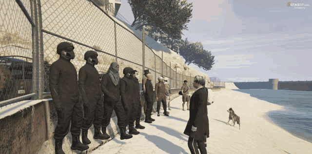 a screenshot of a video game shows a man standing in front of a fence talking to a group of people