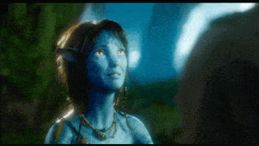 a woman with a blue face and yellow eyes looks up