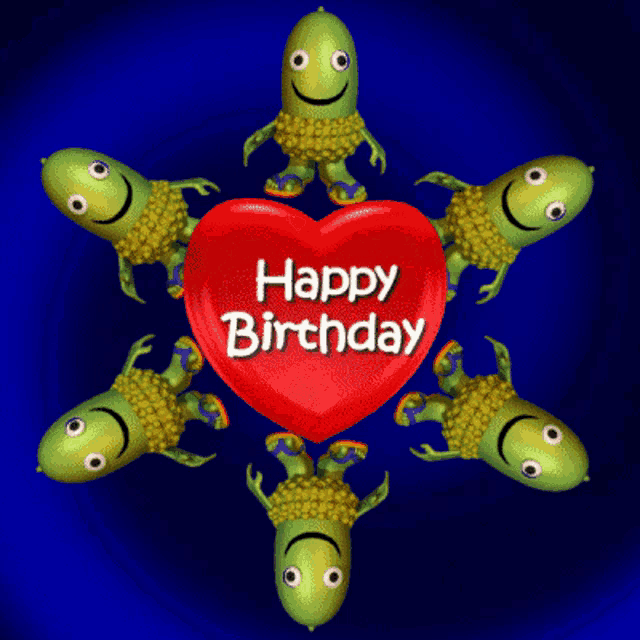 a happy birthday card with a red heart and acorns