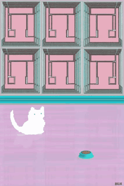a pixel art drawing of a cat and a bowl of food with aux written on the bottom