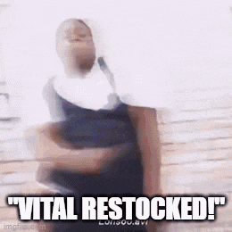 a woman in a nun costume is holding a box and says `` vital restocked ! ''