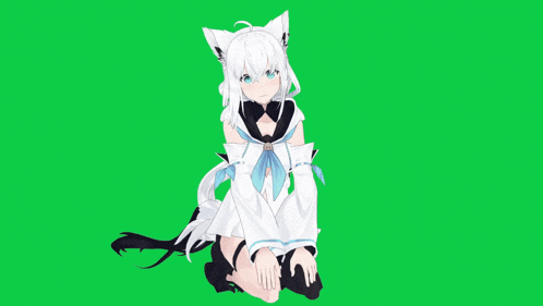 a girl with white hair and black tail is kneeling down on a green background