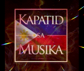 a sign that says " kapatid sa musika " with a flag in the background