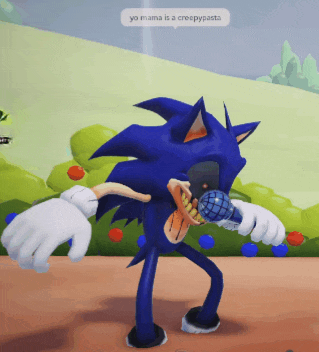 sonic the hedgehog is holding a microphone and says yo mama is a creepypasta on the bottom