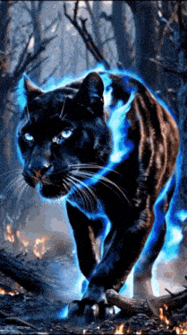 a black panther with blue eyes is walking through a forest surrounded by flames .