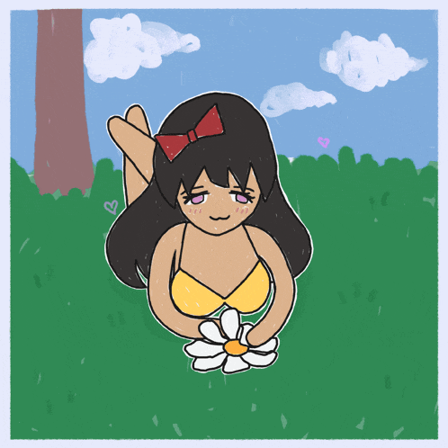 a drawing of a girl laying in the grass with a flower