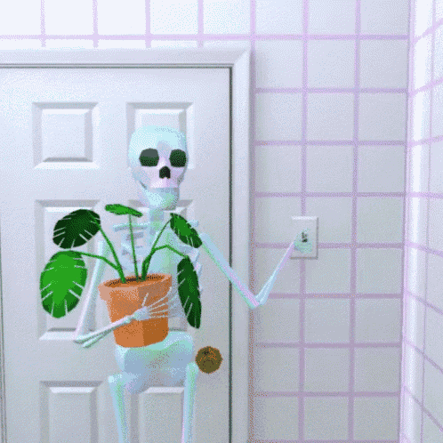 a skeleton is holding a potted plant in front of a white door