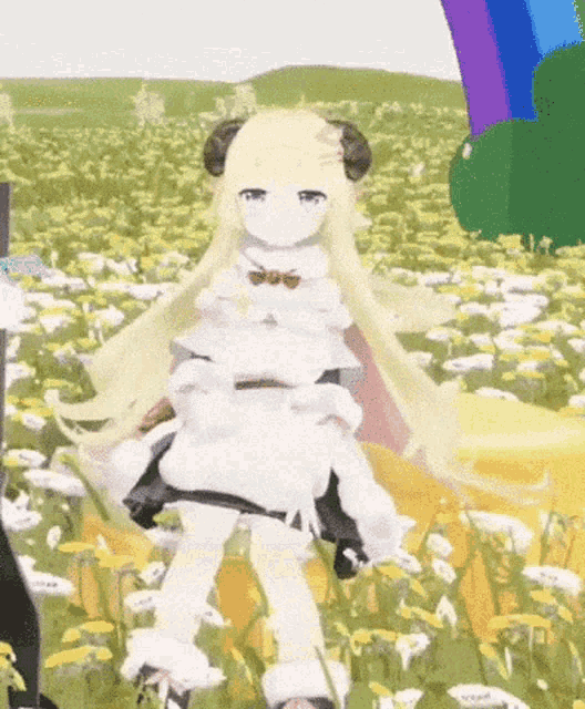 a girl with horns is standing in a field of flowers