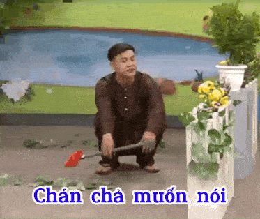 a man is kneeling down with a rake in his hand and the words chan cha muon noi written above him .