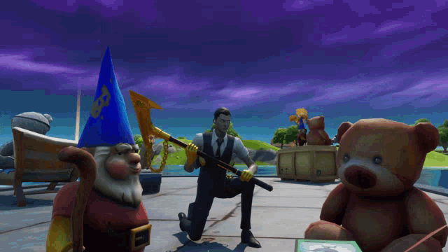 a man in a suit is kneeling down next to a teddy bear and a gnome