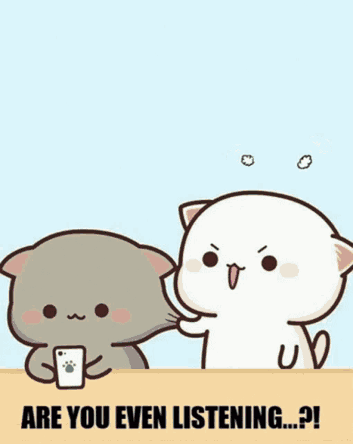 a cartoon cat is putting another cat 's head on a table while another cat looks on .