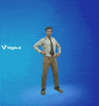 a man in a suit and tie is jumping in the air with a blue background that says viggle.ai on it