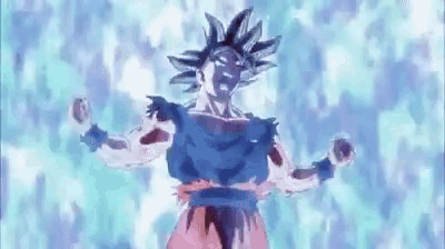 goku from dragon ball z is standing in front of a blue background .