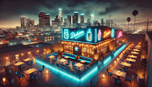 an aerial view of a rooftop bar with a neon sign that says dunkin ' on it