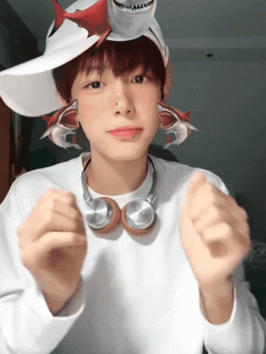 a boy wearing headphones and a shark hat