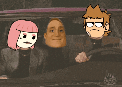 a cartoon of a girl a man and a boy in a car with the word comedy on the bottom right