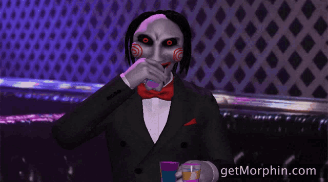 a cartoon of a man in a suit drinking from a glass
