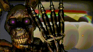 a skeleton with purple eyes holding a fork in front of a hamburger