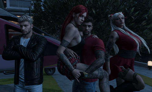 a group of people standing next to each other with one of them holding a woman