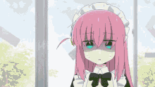 a girl with long pink hair and blue eyes is wearing a maid outfit