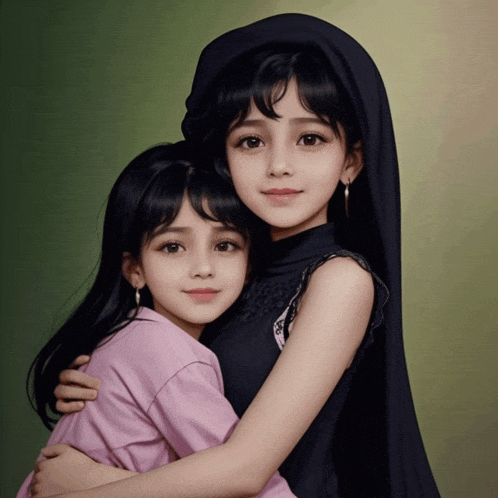 two young girls are hugging each other with one wearing a black veil