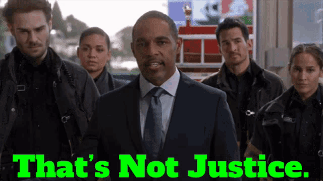 a group of people standing next to each other with the words that 's not justice on the bottom