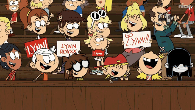 a group of loud house characters are holding signs that say go lynn